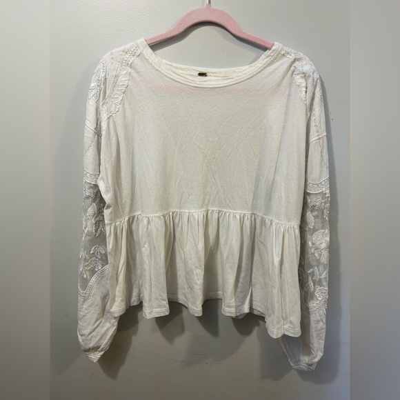 Free People Embroidered Balloon Sleeve Top White Boho Peplum Blouse M Medium - Picture 1 of 8